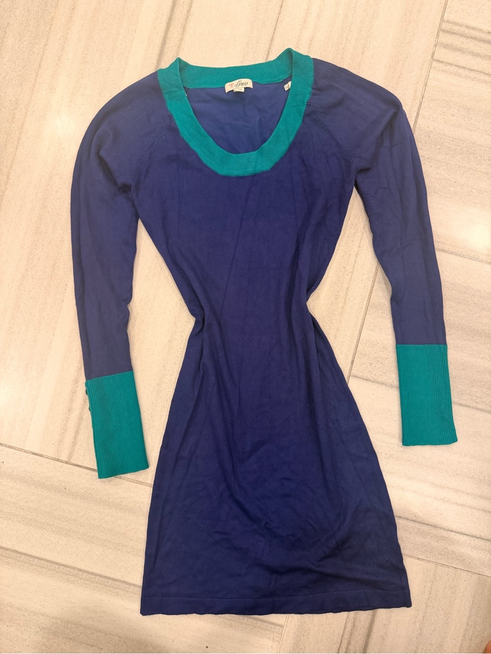 Guess Navy Long Sleeve Knit Dress with Teal Trim